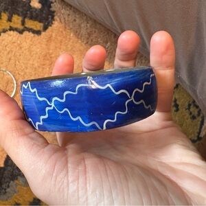 Hand painted Wood Blue Bangle with White Pattern